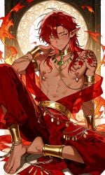 ai_generated ankle_cuffs barefoot chains collar elf elf_male gold_(metal) gold_eyes golden_eyes harem_boy harem_outfit long_hair lots_of_jewelry male_focus male_only nipple_piercing nipples open_clothes red_hair slave slave_boy slaveboy tan_skin tattoo wrist_cuffs