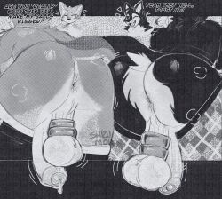anthro anus arm_tuft ass ball_size_difference ball_stretcher ball_stretching ball_tuft ball_weights balls blush blush_lines bodily_fluids duo exclamation_point foreskin genital_fluids genitals hi_res leaking leaking_precum male male/male monochrome musk musk_cloud neck_tuft nude open_mouth penis precum presenting presenting_hindquarters question_mark saggy_balls shizumoh shoulder_tuft steam tagme tail text tuft