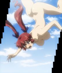 1girls ass big_ass big_breasts big_butt butt_crack dat_ass falling fat_ass freezing_(series) ganessa_roland purple_eyes red_hair scared twintails voluptuous_female