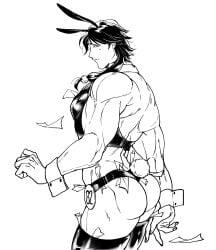 ass back_muscles bubble_butt bunny_boy bunny_ears bunny_tail bunnysuit dollar_bills embarrassed gaolang_wongsawat kengan_(series) kengan_ashura line_art long_hair_male looking_at_viewer looking_back low-tied_long_hair low_ponytail male male_only momen money money_under_clothes monochrome muscular muscular_male nervous ponytail screentone solo sweatdrop thighhighs tied_hair vest wrist_cuffs