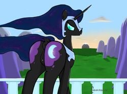 alicorn anus armor ass black_fur blue_eyes cleateater clitoral_winking clitoris cutie_mark dark_persona eclipse equine female feral friendship_is_magic fur grass hair headgear helmet horn horse looking_back magic_user mammal moon mountain my_little_pony nebulous_hair nightmare_moon_(mlp) presenting princess_luna_(mlp) pussy solo sun wings