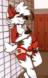 1boy 2018 against_wall animal_genitalia animal_penis anthro belly black_eyes briefs brown_fur bulge canine canine_penis claws clothing diasuke77 digital_media_(artwork) erection fangs fur furry half-closed_eyes hi_res holding knot locker_room looking_away lycanroc male male_only mammal midnight_lycanroc navel nintendo no_nipples nude original_character penis penis_out phone pokémon_(species) pokemon pokemon_sm red_fur red_penis red_sclera russy sheath smile solo standing tail teeth testicles text topless underwear video_games watermark white_fur wolf