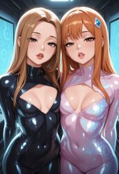 2girls ai_generated arms_behind_back big_lips blonde_female blonde_hair bodysuit brown_eyes cleavage cleavage_cutout cleavage_window covered_breasts covered_navel covered_nipples cowboy_shot full_lips indoors interior latex latex_bodysuit long_hair long_sleeves medium_breasts multiple_girls orange_hair plugsuit red_hair sci_fi scifi shiny shiny_clothing shiny_skin side_by_side small_breasts standing tight_clothing zibuai