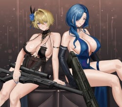 2girls absurdres anoreika_tomoe arm_support armlet backless_outfit bare_shoulders black_dress black_gloves blonde_hair blue_choker blue_dress blue_eyes blue_flower blue_hair blue_nails blue_rose blush breasts choker cleavage closed_mouth clothing_cutout collarbone commentary covered_erect_nipples covered_navel cushion dp-12_(girls'_frontline) dress elbow_gloves evening_gown female female_only flower girls'_frontline girls'_frontline_2:_exilium gloves gold_choker grey_eyes gun hair_between_eyes hair_flower hair_intakes hair_ornament hair_over_one_eye hair_over_shoulder halter_dress halterneck helen_(girls'_frontline_2) helen_(starlit_waltz)_(girls'_frontline_2) highres holding holding_gun holding_weapon jewelry large_breasts long_hair looking_at_viewer mole mole_under_eye multicolored_hair multiple_girls nail_polish navel navel_cutout necklace nikketa_(girls'_frontline_2) official_alternate_costume painted_fingernails painted_nails panties parted_bangs parted_lips pelvic_curtain pump_action rifle rose scope short_hair shotgun side-tie_panties sidelocks sitting skindentation sleeveless sleeveless_dress smile sniper_rifle standard_manufacturing_dp-12 streaked_hair thigh_strap trigger_discipline underwear variant_set vsk-94 vsk-94_(girls'_frontline) vsk-94_(night_on_the_silver_bay)_(girls'_frontline) weapon white_streaks