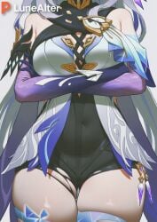 1girls ai_generated arms_crossed belly_button big_ass big_breasts big_legs big_thighs female female_focus female_only genshin_impact hoyoverse long_hair lunealter mature mature_female mature_woman mihoyo pale-skinned_female pale_skin sfw skirk_(genshin_impact) thick_butt thick_hips thick_legs thick_thighs white_hair