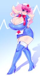 audino blue_eyes bow breasts clothed dress female heels hips huge_breasts latex nurse pastelletta pink_hair pokemon solo