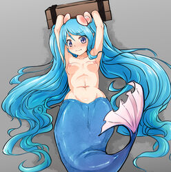 1girls blue_hair blue_tail bondage breasts female female_only hair hair_ornament hairbow jpeg kanif long_hair mermaid monster_girl navel pillory pussy solo stocks tail tied_hair twintails