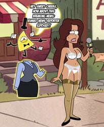 1boy 1girls accurate_art_style bill_cipher black_footwear blurry_background bra breasts brown_hair cleavage clenched_teeth creature curvy cyclops disney disney_channel embarrassed_underwear_female embarrassed_undressed_female english_text euf female female_focus floating forced_exposure full_body garter_belt garter_straps gravity_falls grimphantom large_breasts latina legs_together lingerie long_hair magic male microphone news_reporter outdoors panties pointing_at_another shandra_jimenez shoes sidewalk speech_bubble standing straight_hair thighhighs white_panties