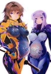 beta_(muvluv) bodysuit breasts brown_hair clothing female fetus human_mother_baby_monster interspecies_pregnancy large_breasts legs_together long_hair looking_at_viewer monster muv-luv muvluv_total_eclipse pregnant purple_eyes takamura_yui umbilical_cord uterus x-ray