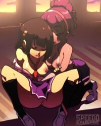 2016 2d 2d_(artwork) 2d_animation 2girls animated breasts brown_hair closed_eyes female fingering fingering_partner fingering_pussy fingering_through_clothes fingering_under_clothes kneeling masturbating masturbating_other masturbation multiple_girls nipples pink_hair pussy_juice school_uniform sitting skirt socks speedosausage yuri