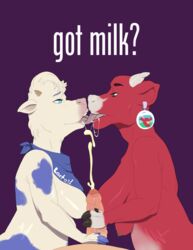 2016 ? anthro areola ascot blue_eyes blue_fur bovine breasts brown_eyes cattle crossover cum cumshot ear_piercing english_text female french_kiss fur hair handjob horn human kissing lactaid lactaid_cow laughing_cow male mammal mascot multicolored_fur nude open_mouth orgasm penis piercing purple_background red_fur saliva secretsecretson sex simple_background straight teeth text the_laughing_cow unseen_male_face white_fur white_hair white_horn yuri