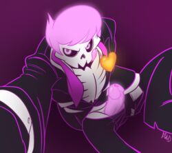 1boy bone clothing clothing_undone ghost glowing glowing_eyes hair holding_camera holding_object lewis_the_skeleton male male_only mystery_skulls penis pink_eyes pink_hair see-through see-through_penis skeleton solo spirit suit