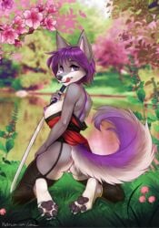 2016 anthro ass canine clothing dress female flower fur hair iskra jess_(teckly) katana kneeling legwear licking licking_lips looking_at_viewer looking_back mammal melee_weapon nipples plant purple_eyes purple_hair purple_nipples pussy solo stockings sword tongue tongue_out weapon wolf