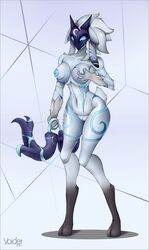 2016 anthro areola black_fur blue_background blue_fur blue_nipples breast_fondling breasts caprine female fondling fur furry hand_on_breast hooves kindred lamb_(league_of_legends) large_breasts league_of_legends mammal mask navel nipples nude pussy riot_games sheep simple_background solo spirit voider_(artist) white_fur white_hair wide_hips