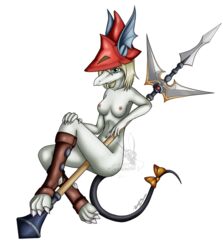 2015 alpha_channel anthro areola blonde_hair blue_eyes breasts burmecian claws clothing english_text female final_fantasy final_fantasy_ix freya_crescent fur grey_fur hair hat headgear legwear looking_at_viewer mammal mancoin melee_weapon mostly_nude navel nipples pink_nipples polearm ribbons rodent signature simple_background smile solo spear square_enix text toe_claws transparent_background video_games watermark weapon white_claws