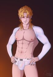 abs blond_hair briefs dio_brando earrings jojo's_bizarre_adventure male male_focus male_only muscular_male open_shirt solo_male sombercat1997 stardust_crusaders