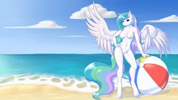 2016 absurd_res alicorn anthro anthrofied areola ball beach beach_ball big_breasts breasts cloud daf equine feathered_wings feathers female friendship_is_magic hair hi_res horn long_hair looking_at_viewer mammal multicolored_hair my_little_pony navel nipples nude outside princess_celestia_(mlp) pussy seaside sky smile solo spread_wings standing wallpaper water wings