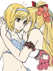 2girls bikini blonde_hair brown_eyes closed_eyes djeeta_(granblue_fantasy) flower granblue_fantasy hair_ornament headband kumakuma long_hair multiple_girls ponytail swimsuit tied_hair vira_lillie yuri