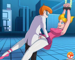 1boy 1girls arms_up big_sister bondage breasts brother_and_sister cartoon_network clothed_sex dee_dee_(dexter's_laboratory) dexter dexter's_laboratory incest laboratory leggings little_brother no_panties older_female older_sister penis pussy reit sex siblings torn_clothes torn_legwear torn_pantyhose vaginal_penetration younger_brother younger_male