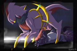 2015 alternate_color arceus balls belly big_penis black_fur deity duo english_text fan_character feral fur green_eyes hand_on_penis hi_res larger_male legendary_pokemon lying male nintendo on_back oral penis pokemon precum pubes purple_fur red_skin signature size_difference smaller_male syntex text unknown_species video_games white_skin yaoi yellow_skin