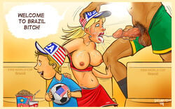 1girls 2014_fifa_world_cup almost_caught almost_naked america american american_flag american_flag_hat big_breasts big_penis blonde_hair brazil brazilian breasts breasts_out cum cum_in_mouth dark-skinned_male dark_skin disarten english_text facial fellatio female football forced forced_oral hair head_grab jock male national_personification oral penis questionable_consent rape rape_face runny_makeup saliva soccer surprised tears text united_states united_states_of_america unknowing_bystander world_cup