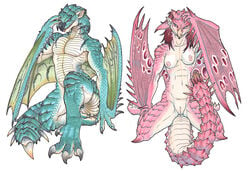 2016 anthro anthrofied areola armpits azure_rathalos biceps black_scales blue_eyes blue_scales breasts capcom claws covering duo english_text female flying_wyvern hair iggi kneeling long_hair looking_at_viewer male marker_(artwork) membranous_wings monster_hunter multicolored_hair muscular navel nipples nude open_mouth orange_eyes pecs pink_hair pink_nipples pink_rathian pink_scales pussy raised_arm rathalos rathian red_hair red_scales scales scalie sharp_teeth signature simple_background smile spikes teeth text toe_claws traditional_media_(artwork) two_tone_hair video_games white_background white_scales wings wyvern