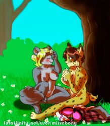 anthro areola ashlee_hurwitz breasts casual_nudity dormouse feline female flower flowers_in_hair good_cheese grass gunther_hausmann interspecies lynx male mammal missebony mouse naturally_censored nipples nude outside plant playful rodent romantic_couple tree