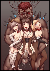 1boy 3girls absurdres ahe_gao animal_ears antlers ball_gag between_legs blood blue_eyes brain breast_cutout breastless_clothes bridal_gauntlets bunny_ears bunny_girl bunny_suit bunny_tail clitoris_piercing creepy cum cum_in_pussy cupless_bra detached_sleeves erection female gag garter_straps green_eyes hand_between_legs hat headgear highres male multiple_girls navel_piercing nipple_cutout nipple_piercing nippleless_bra nippleless_clothes nude open_mouth overflow pantyhose penis piercing pill red_eyes sex straight syringe tail tattoo thighhighs tongue tongue_out yin-ting_tian zombie