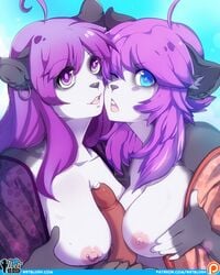 2016 anthro balls bear breasts clothes ear_piercing female group group_sex highres male mammal nipple_piercing nipples one_eye_closed ookami-kun paizuri panda penis piercing pov precum purple_hair sex straight threesome wetblush