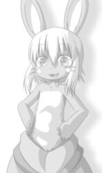 10s :3 animal_ears blush blush_stickers bunny bunny_ears fangs female flat_chest furry hands_on_hips looking_at_viewer made_in_abyss monochrome nanachi open_mouth pants pussy sakuramoto short_hair smile solo standing topless uncensored whiskers