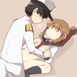 1boy admiral_(kantai_collection) beige_background black_legwear blush bottomless breath brown_eyes brown_hair clothed_sex dokan_(dkn) face-to-face female flat_chest inazuma_(kantai_collection) interlocked_fingers kantai_collection kneehighs lying missionary on_back penetration sex simple_background sweatdrop vaginal_penetration