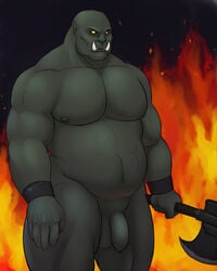 10s 1boy 2013 axe balls biceps big_muscles burning fire hi_res humanoid male male_only melee_weapon musclechub musclegut muscular nipples nude orc pecs penis slightly_chubby solo standing tusks vamplust weapon wristband yellow_eyes