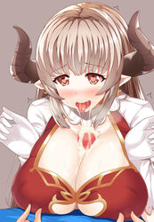 1boy alicia_(granblue_fantasy) blush breasts brown_hair cleavage cleavage_cutout covered_nipples cow_girl cow_horns cross cum cum_in_mouth cum_on_breasts dress earrings erect_nipples female gloves granblue_fantasy hair heart heart-shaped_pupils horns huge_breasts large_breasts long_hair nipple_tweak oga_raito open_mouth paizuri paizuri_under_clothes penis pointy_ears red_eyes silver_hair simple_background solo_focus straight symbol-shaped_pupils tongue tongue_out uncensored white_gloves