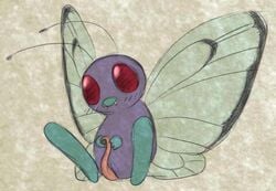 1boy antennae big_feet blue_skin blush butterfree fangs feet feral insect male male_only nintendo nude penis pokemon purple_skin python13rp red_eyes simple_background sitting solo tapering_penis teeth video_games wings yaroul