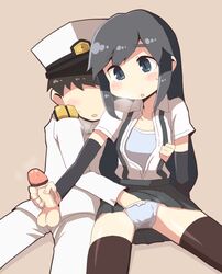 1boy admiral_(kantai_collection) asashio_(kantai_collection) bar_censor black_gloves black_hair black_legwear blue_eyes blush breath brown_hair censored clothing collarbone dokan_(dkn) elbow_gloves erection eyebrows faceless faceless_male female gloves hair hand_in_another's_panties hand_in_panties hat headgear hug kantai_collection long_hair masturbation mutual_masturbation open_mouth panties precum short_sleeves sidelocks sitting skirt stockings sweatdrop thighhighs underwear uniform wet wet_clothes wet_panties white_panties