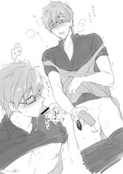 1boy blush censored condom eyewear fellatio free! funikurikurara glasses male monochrome oral saliva tachibana_makoto yaoi