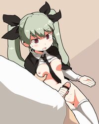 1boy anchovy bar_censor beige_background black_necktie blush bow breast_grab brown_eyes censored cum cum_on_body cum_on_lower_body dokan_(dkn) female girls_und_panzer grabbing green_hair hairbow head_out_of_frame legs_together masturbation navel necktie no_panties open_mouth penis shirt_lift silver_hair simple_background solo_focus thighhighs tied_hair twintails white_legwear