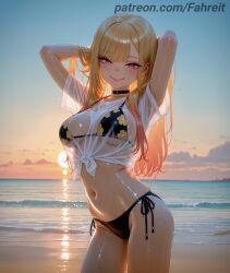 1girl 1girls ai_generated arms_behind_head arms_up artist_name backlighting barbell_piercing beach bikini bikini_under_clothes black_bikini black_choker blonde_hair blue_sky blush breasts choker cleavage closed_mouth cloud colored_tips contrapposto cowboy_shot day ear_piercing earrings evening floral_print front-tie_top gradient_hair gradient_sky grin gyaru half-closed_eyes halterneck hand_in_own_hair hands_in_hair horizon industrial_piercing jewelry kitagawa_marin large_breasts lips long_hair looking_at_viewer makeup medium_breasts multicolored_hair navel no_pants ocean orange_sky outdoors patreon patreon_username piercing pink_hair print_bikini red_eyes red_hair sand see-through see-through_shirt shiny_skin shirt shore short_sleeves side-tie_bikini_bottom skindentation sky smile solo sono_bisque_doll_wa_koi_wo_suru stable_diffusion standing stomach straight_hair string_bikini sun sunlight sunset swept_bangs swimsuit t-shirt thighs tied_shirt underboob water wet wet_clothes wet_hair wet_shirt white_shirt yellow_sky