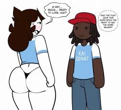 1boy 1girl artist_self-insert ass ass_focus baseball_cap black_hair blue_shirt blush brown_hair clothing colored_skin crop_top cropped_shirt dark-skinned_male dark_skin denim dreadlocks english_language english_text facial_hair female from_behind hat huge_ass interracial jaiden jaiden_(jaiden_animations) jaiden_animations jaidenanimations jeans jitome long_hair panties pants profanity raglan_sleeves red_headwear segmented_comic sexy sexy_pose shirt short_sleeves simple_background spanish_text speech_bubble standing steca stubble sweatdrop t-shirt text thelazyart thick_legs thick_thighs thighs thong underwear very_dark_skin white_background white_skin youtube youtuber youtuber_character youtuber_girl youtubers