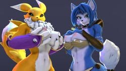 16:9 3_fingers 3d_(artwork) 5_fingers abs anthro areola armor armwear bandai_namco big_breasts black_sclera blue_body blue_eyes blue_fur blue_hair bottomwear bra bra_down breasts canid canine circlet claws clothing collar digimon digimon_(species) digital_media_(artwork) dipstick_ears dipstick_tail duo ear_markings elbow_gloves exposed_breasts female fingers fluffy fluffy_chest fluffy_tail fox fur furgonomics gloves hand_on_breast handwear hi_res holding_breast jewelry krystal_(star_fox) loincloth looking_at_viewer mammal markings multicolored_body multicolored_ears multicolored_fur navel necklace nintendo nipples pauldron purple_armwear purple_clothing purple_elbow_gloves purple_gloves purple_handwear renamon simple_background smile smiling_at_viewer source_filmmaker_(artwork) star_fox tail tail_markings tattoo teal_eyes thevestige tribal tribal_markings tribal_tattoo underwear vambrace white_body white_fur widescreen yellow_body yellow_fur