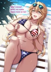 1girl american_flag american_flag_bikini american_flag_print beach bikini blonde_hair blue_eyes breasts chair flag_print flag_print_bikini highres iowa_(kancolle) iowa_(kantai_collection) kantai_collection kuurunaitsu large_breasts long_hair lounge_chair nipples open_mouth palm_tree print_bikini star-shaped_pupils star_(symbol) swimsuit symbol-shaped_pupils tree