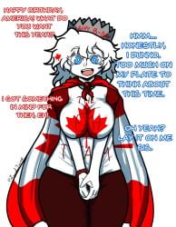 1boy 1girls big_breasts breasts canada_(egobuzz) clothed clothed_female clothing color countryhumans countryhumans_girl dialogue english_text female female_focus fourth_of_july fully_clothed hat human human_only lewd_juice looking_at_viewer male open_eyes open_mouth open_smile pov simple_background smile standing talking_to_viewer text twitter_link white_background white_body white_hair white_skin