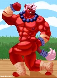abs bandages berry_(brawl_stars) biceps brawl_stars flexing furry_only horn horse male_focus male_only muscular_male neckwear no_visible_genitalia red_skin scar sodenoku spiked_bracelets tagme