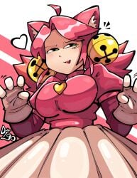 1girls ahoge animal_ears bell big_breasts breasts cat_ears cat_girl cat_tail deltarune digothegoat gloves green_eyes heart huge_ahoge large_breasts looking_at_viewer mad_mew_mew pink_(deltarune) pink_hair puffy_sleeves short_hair solo undertale_(series)