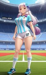 ai ai_art ai_generated alixx_nswf argentina big_breasts breasts futbol green_eyes kagura_(mobile_legends) mlbb mobile_legends mobile_legends:_bang_bang orange_hair sexy soccer soccer_uniform solo