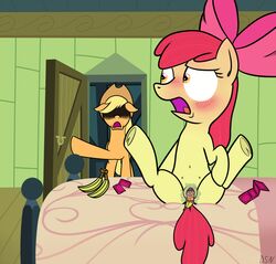 2015 amber_eyes apple_bloom_(mlp) applejack_(mlp) banana bed bed_sheet bedding blonde_hair blush condom cowboy_hat crotchboobs door dsninja duo earth_pony equine female feral food friendship_is_magic fruit fur hair hair_ribbon hairbow hat headgear hi_res horse inside mammal masturbation my_little_pony pony pussy pussy_juice red_hair ribbons sibling yellow_fur