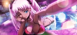 1girl ass bare_shoulders bikini blue_eyes breasts catherine_sabathra cleavage closed_mouth code_geass code_geass:_dakkan_no_roze code_geass:_lost_stories collarbone copyright_name dark-skinned_female dark_skin female_focus hand_on_own_cheek hand_on_own_face large_breasts lips long_hair official_alternate_costume official_art partially_submerged pink_hair shiny_skin solo swimsuit twintails wet