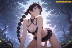 1boy 1girl ai_generated all_fours backlighting bare_arms bare_shoulders bare_tree bikini bikini_skirt black_bikini black_hair blush braid braided_ponytail breasts choker cleavage closed_mouth clothed_female_nude_male clothed_sex cowgirl_position criss-cross_halter day erection forest frilled_bikini frills girl_on_top halterneck hetero jujutsu_kaisen long_hair looking_at_viewer medium_breasts multi-tied_hair nature navel nivora outdoors palm_tree penis pov purple_eyes remi_(jujutsu_kaisen) sex sky solo_focus straddling swimsuit tiara tree twintails uncensored very_long_hair