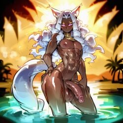 abs ai_generated balls bare_arms bare_legs bare_shoulders bare_thighs big_balls big_penis cairo_(farggothdur) cat_ears cat_tail catboy dark-skinned_male dark_skin fang_out farggothdur femboy femboy_only fit_male huge_cock looking_at_viewer male_focus male_only massive_penis purple_eyes sexy sexy_body slim_waist smug smug_face solo solo_male standing water white_hair