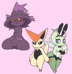 2016 3girls aintsmart ambiguous_gender black_eyes blue_eyes bottomless breasts bunny_costume celebi cleavage clothed clothing female female_focus female_only furry legendary_pokemon looking_at_viewer mismagius navel nintendo no_arms pokémon_(species) pokemon pokemon_(species) pussy red_eyes standing tail thick_thighs thighs victini video_games wings